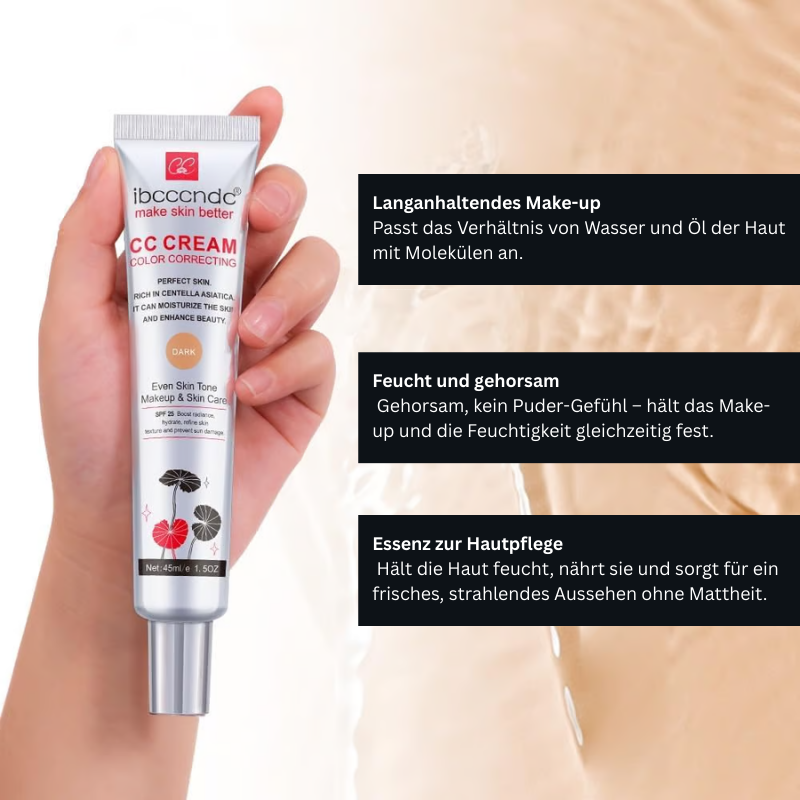 Hydratisierende CC-Creme mit voller Deckkraft und Centella Asiatica für glatte, strahlende Haut.